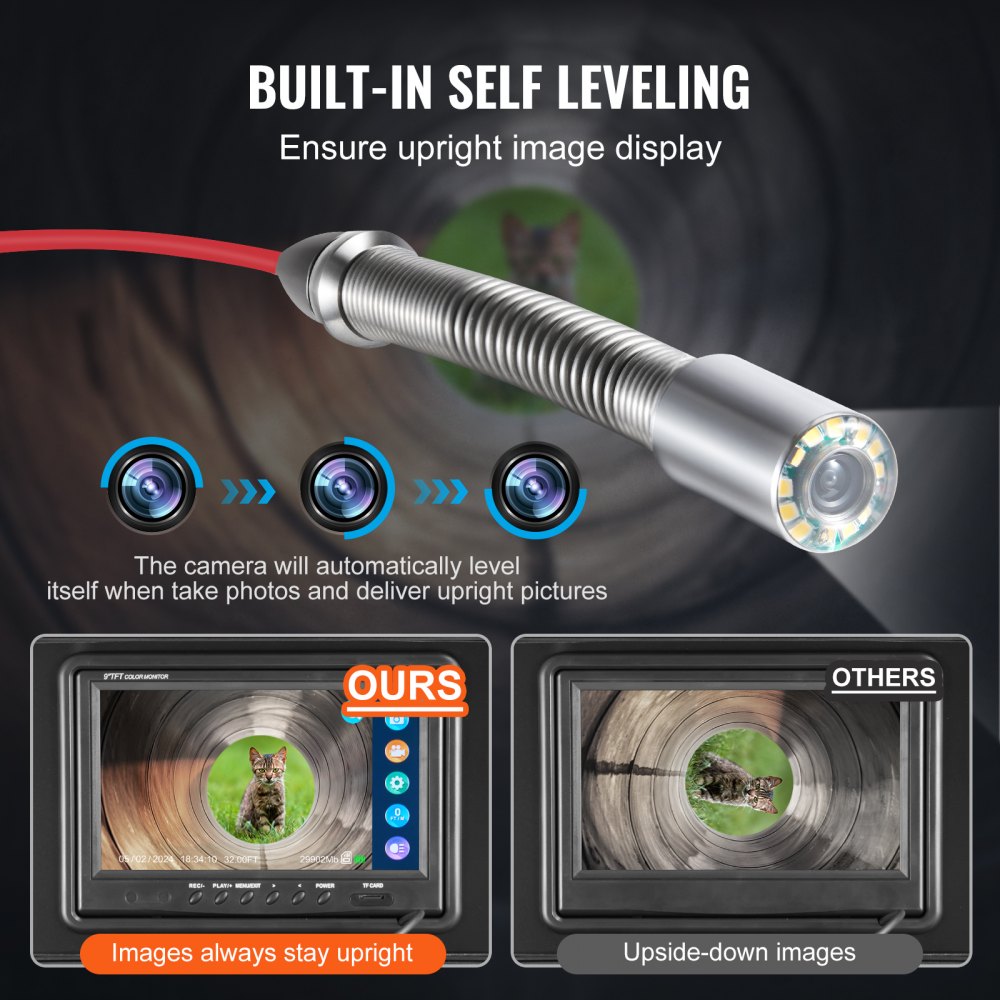 VEVOR Sewer Camera, 98 ft/30m, Self-Leveling Drain Camera with 512Hz Transmitter, Distance Counter, 9" Screen 1080P HD