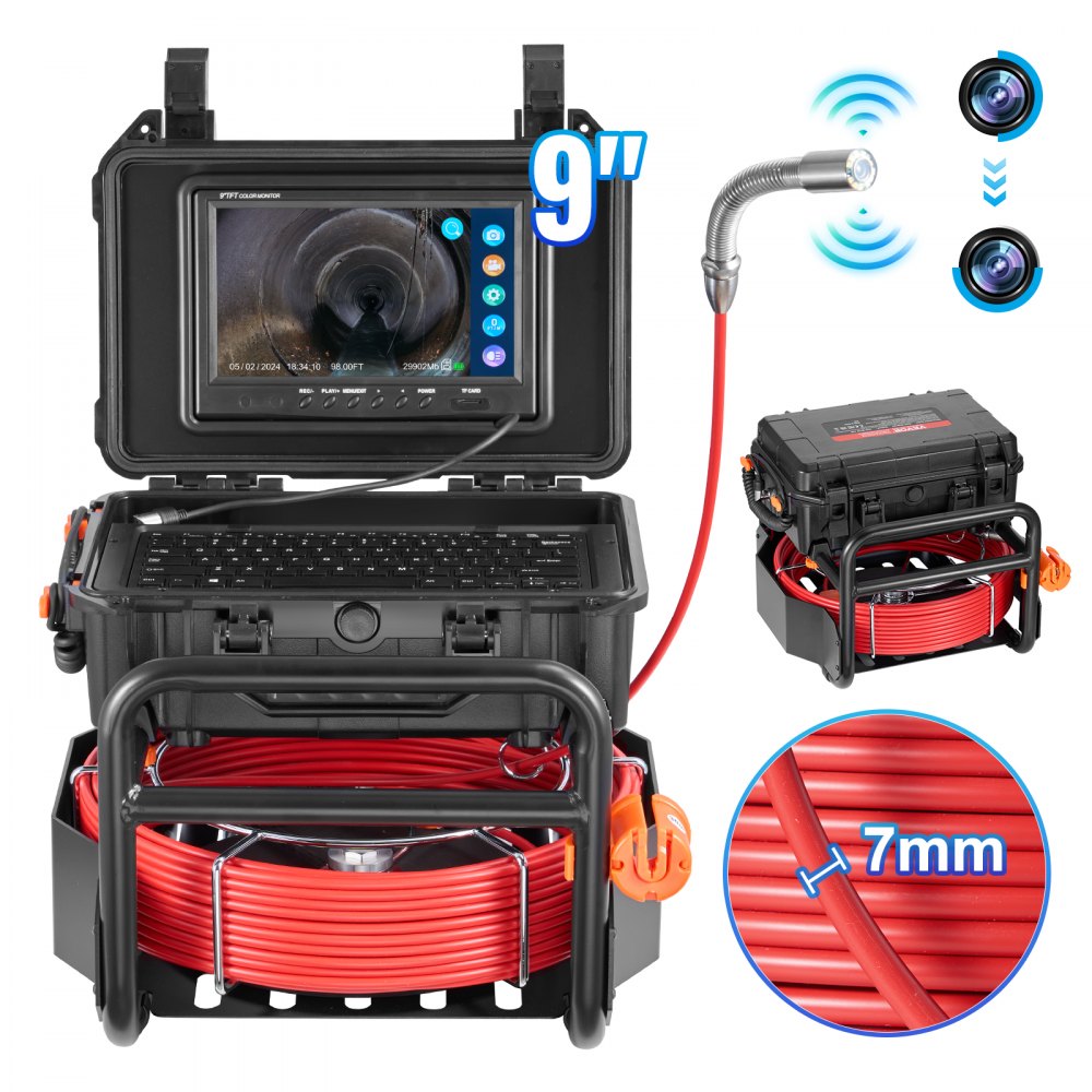 VEVOR Sewer Camera, 98 ft/30m, Self-Leveling Drain Camera with 512Hz Transmitter, Distance Counter, 9" Screen 1080P HD