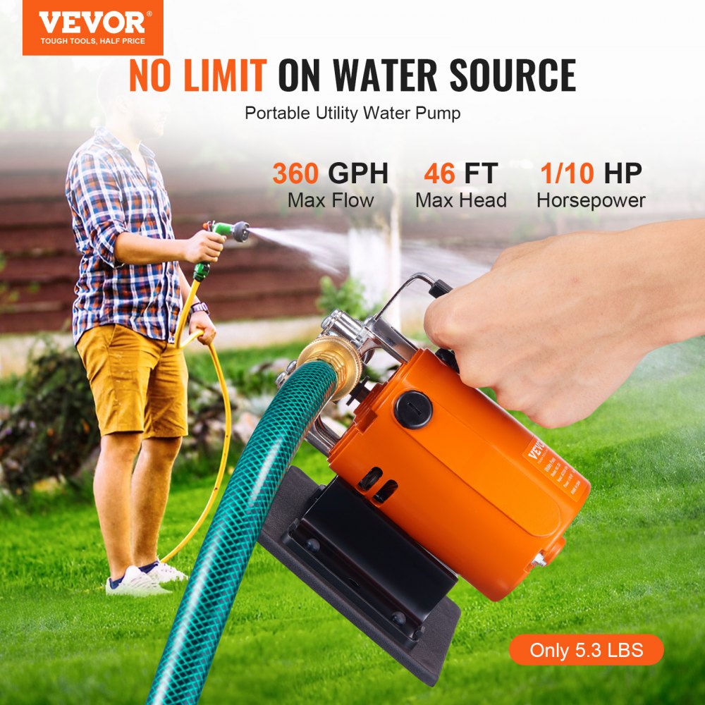 VEVOR Water Transfer Pump, 120V AC 360 GPH 1/10 HP, Portable Electric Utility Pump with 6 ft Suction Hose Kit, Carbon