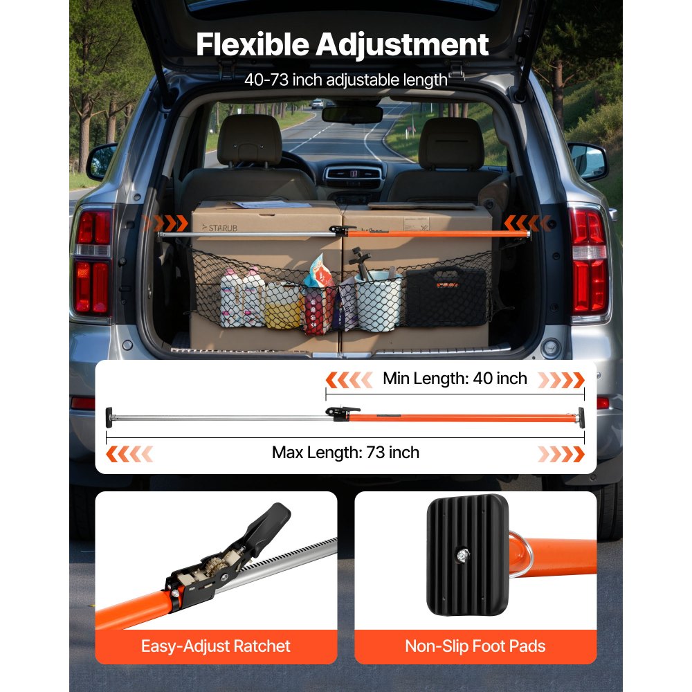 VEVOR Cargo Bar, Cargo Bar Adjustable from 40" to 73", Heavy-duty Steel Cargos Stabilizer with Storage Net & Non-Slip