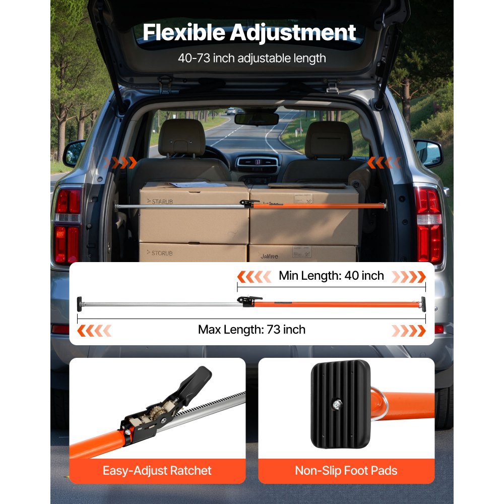 VEVOR Cargo Bar, Cargo Bar Adjustable from 40" to 73", Heavy-duty Steel Cargos Stabilizer with Non-Slip Foot Pads