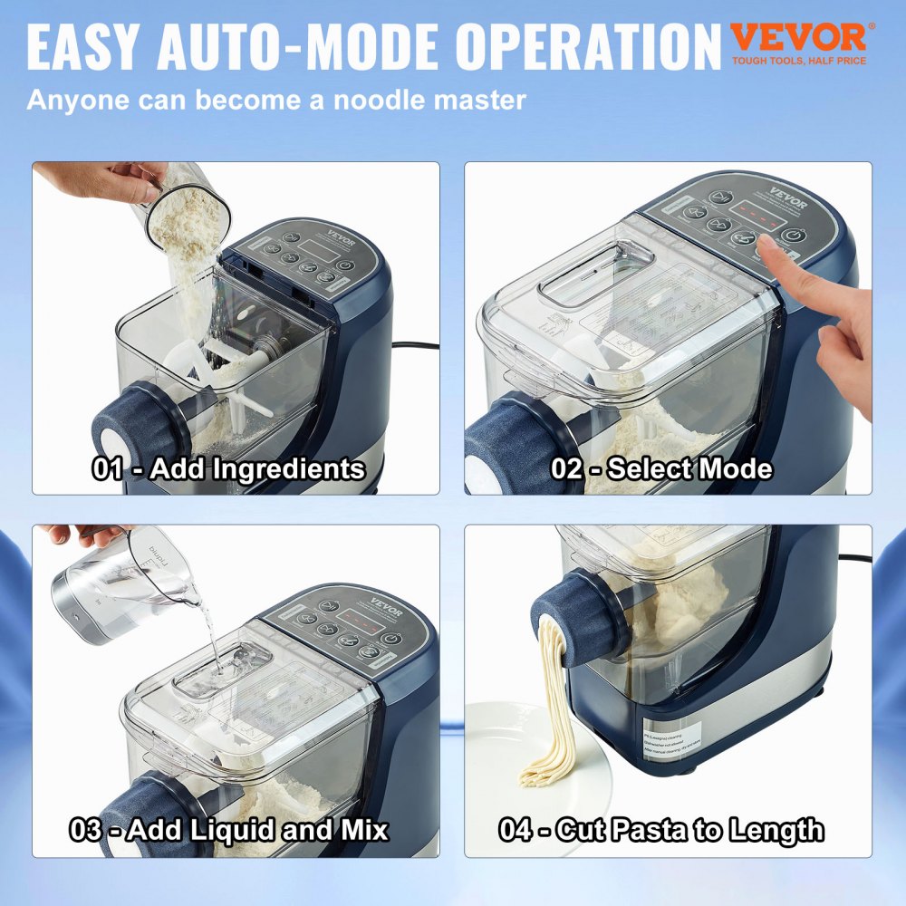 VEVOR Electric Pasta Maker, 150W Automatic Noodle Maker Machine with 8 Pasta Shapes, 4 Intelligent Modes, 500g Flour