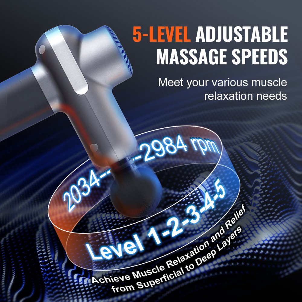 VEVOR Mini Massage Gun, Percussion Muscle Massage Gun for Athletes - with 5 Speed Levels & 6 Massage Heads, 7.4V