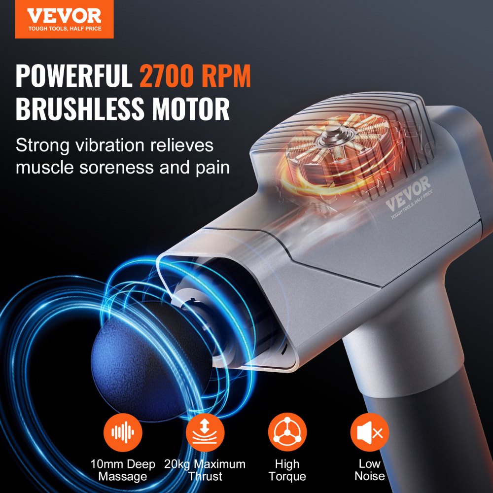 VEVOR Massage Gun Deep Tissue, Percussion Muscle Massager for Athletes - with 8 Speed Levels & 6 Massage Heads, 16V