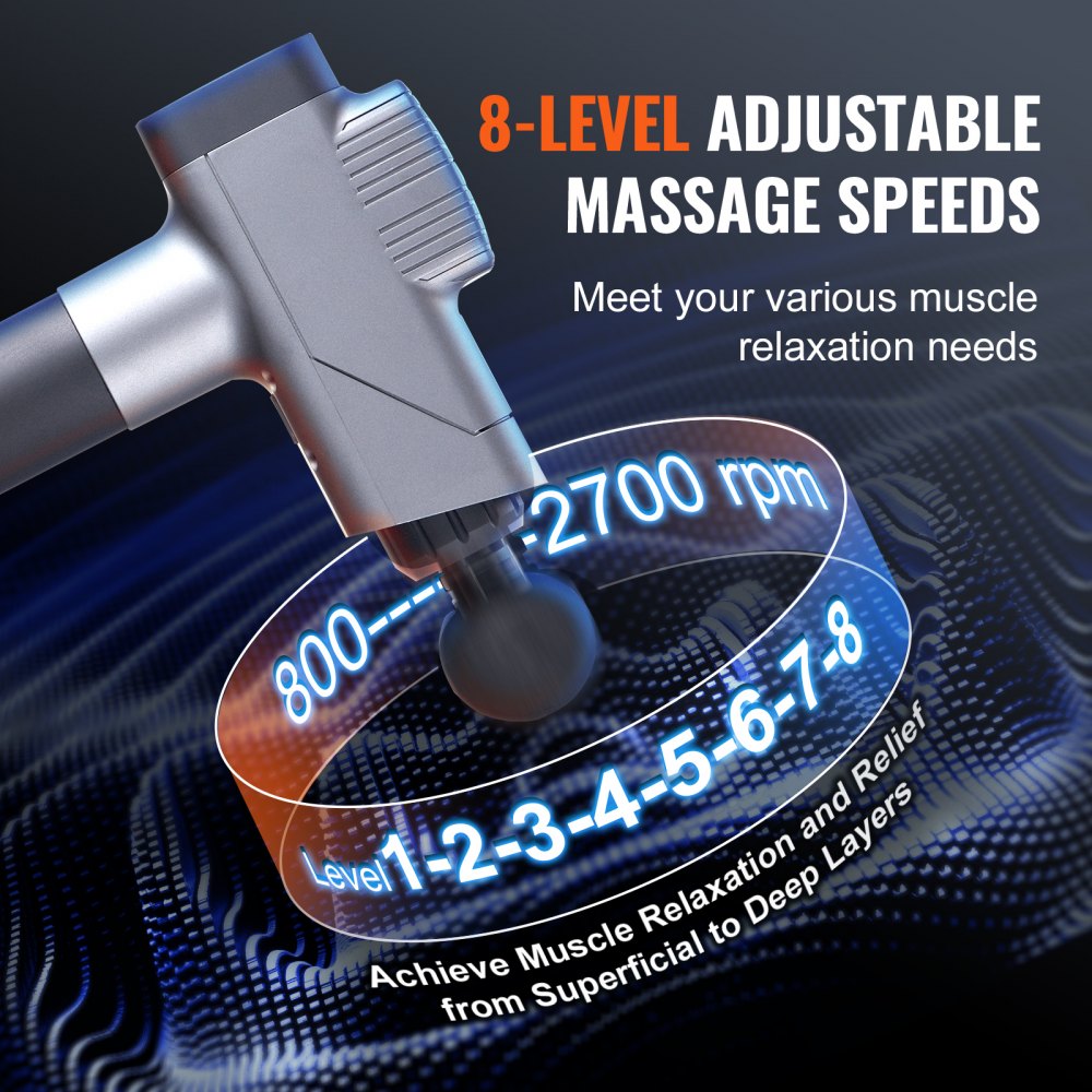 VEVOR Massage Gun Deep Tissue, Percussion Muscle Massager for Athletes - with 8 Speed Levels & 6 Massage Heads, 16V