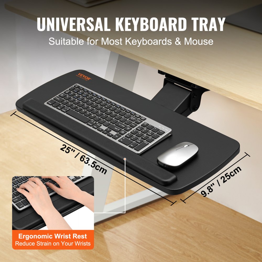 VEVOR Keyboard Tray under Desk Adjustable Height, Height and Angle Adjustable under Desk Keyboard Tray Slide out, Large
