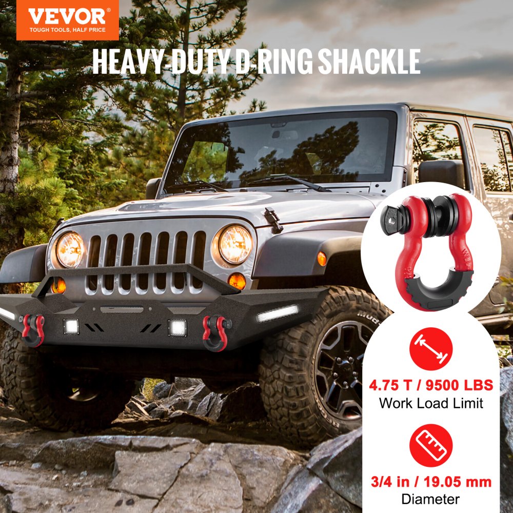 VEVOR 3/4" D-Ring Shackle, 2 Pack Alloy Steel Shackles 62832 lbs (28.5 Ton) Break Strength with 7/8" Screw Pin