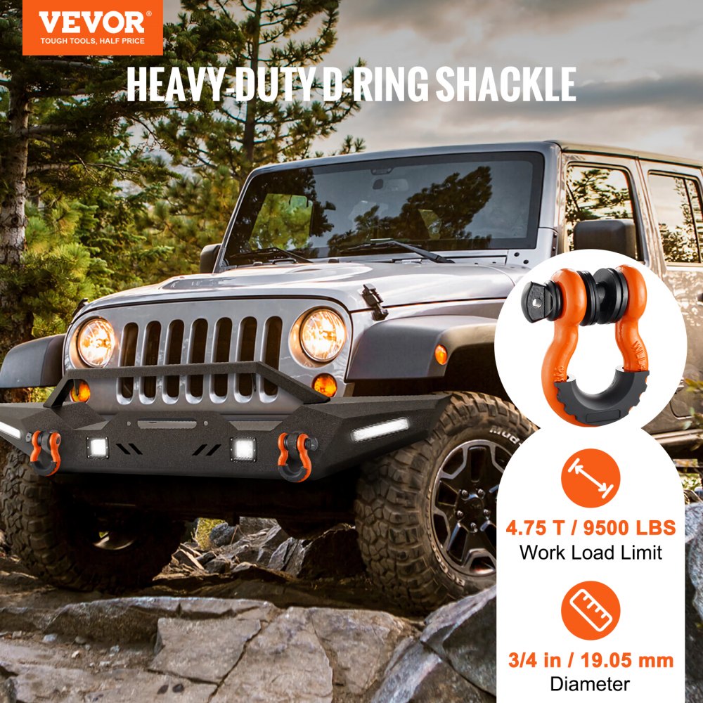 VEVOR 3/4" D-Ring Shackle, 2 Pack Alloy Steel Shackles 62832 lbs (28.5 Ton) Break Strength with 7/8" Screw Pin