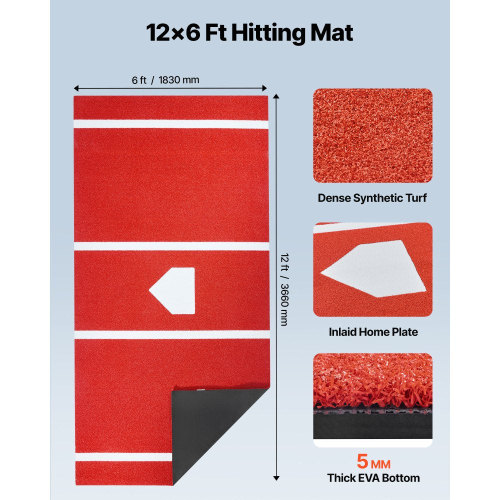 VEVOR Baseball Hitting Mat, 12x6 ft Batting Cage Mat, Batters Box Turf Mats, Softball Batting Practice Equipment with