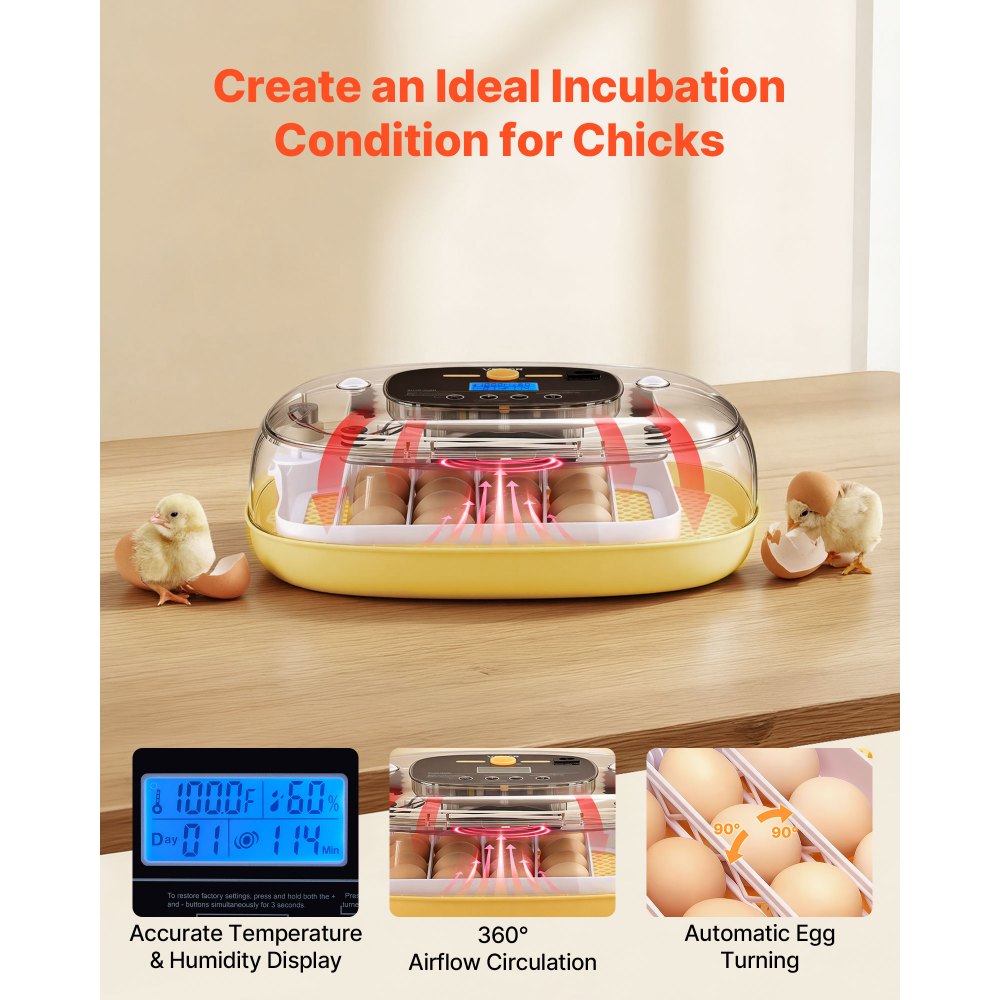 VEVOR 24 Egg Incubator, Automatic Egg Turner with LED Candler, Temperature Control & Humidity Display, 360° View