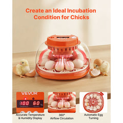 VEVOR 12 Egg Incubator, Automatic Egg Turner with LED Candler, Temperature & Humidity Control, 360° View Clear Window