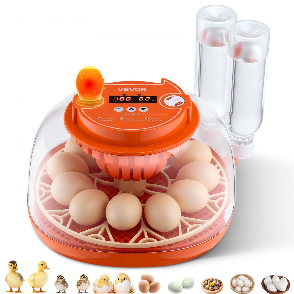 VEVOR 12 Egg Incubator, Automatic Egg Turner with LED Candler, Temperature & Humidity Control, 360° View Clear Window