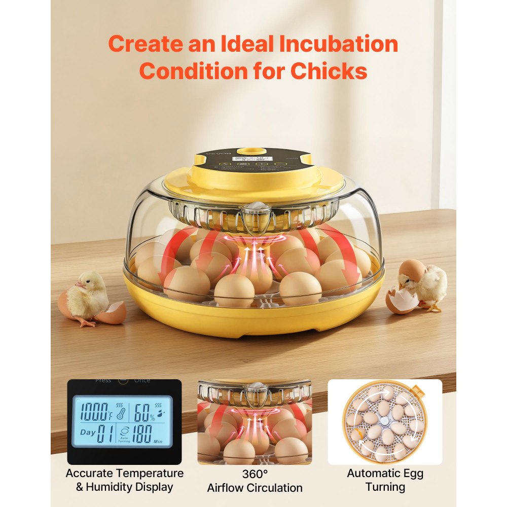 VEVOR 18 Egg Incubator, Automatic Egg Turner with LED Candler, Temperature & Humidity Control, 360° View Clear Window