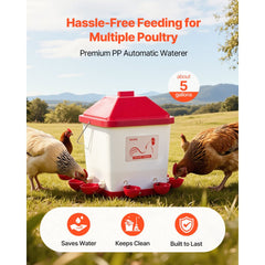 VEVOR 5 Gallon Automatic Chicken Waterer, 6 Water Ports, Automatic-Fill Water Cup, Automatic Gravity Waterer with