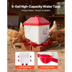 VEVOR 5 Gallon Automatic Chicken Waterer, 6 Water Ports, Automatic-Fill Water Cup, Automatic Gravity Waterer with