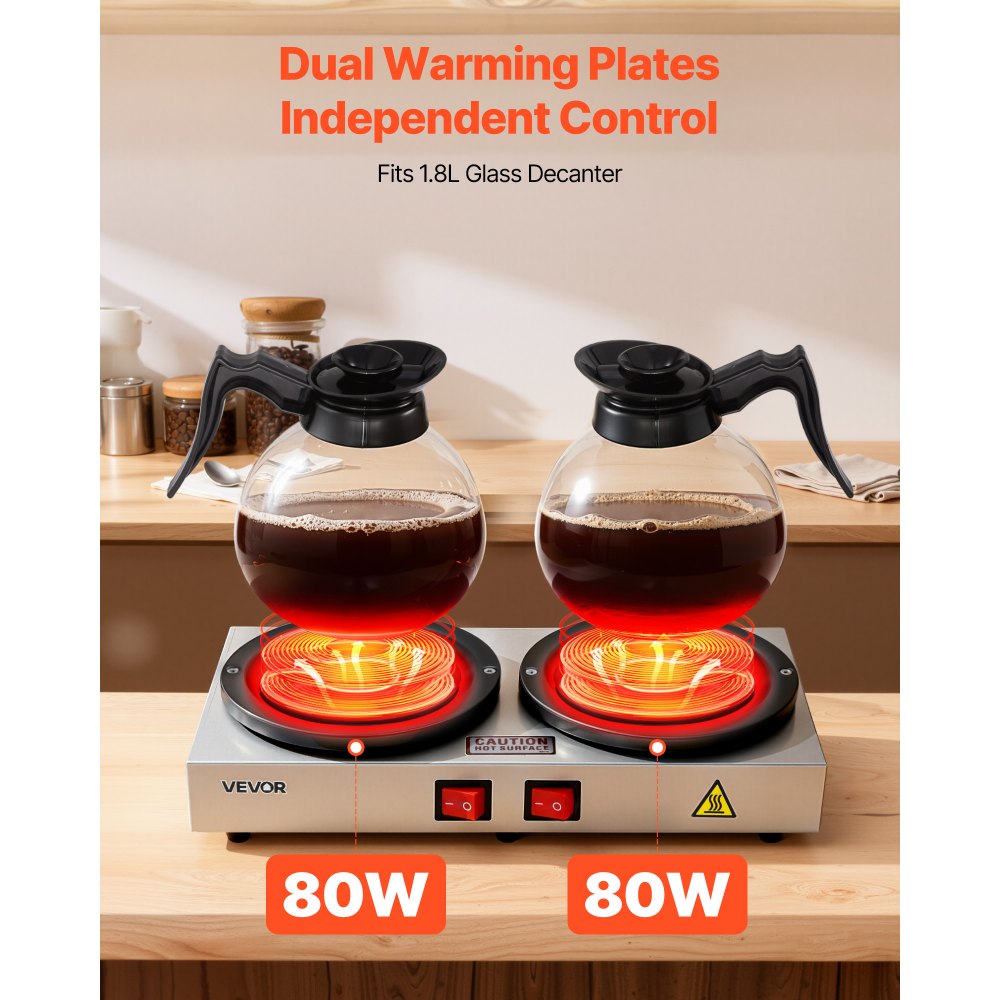 VEVOR Commercial Coffee Decanter Warm Plate, 80W x 2 Coffee-Carafe Warmer, Dual Warming Plates with Independent