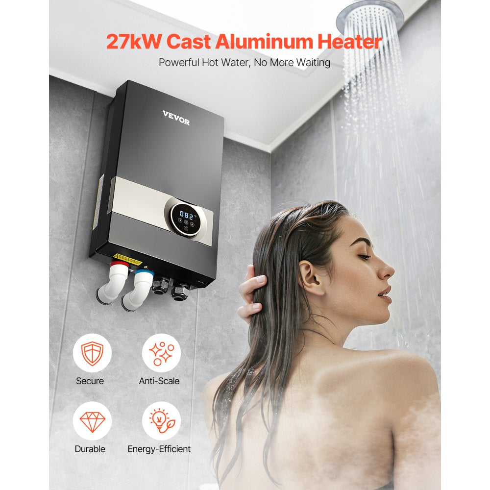 VEVOR Tankless Electric Water Heater, 27kW Instant Hot Water Heater Under Sink, On Demand for Bathroom, Kitchen, Office