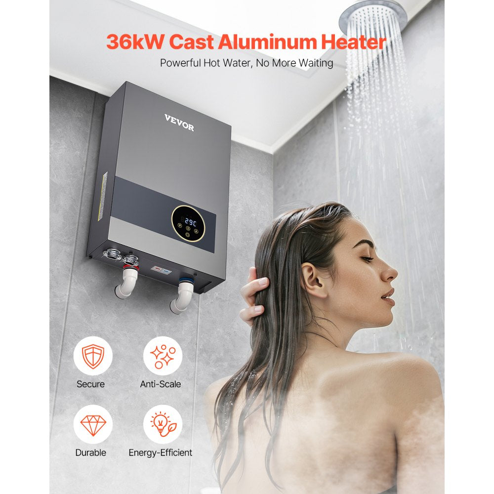 VEVOR Tankless Electric Water Heater, 36kW Instant Hot Water Heater Under Sink, On Demand for Bathroom, Kitchen, Office