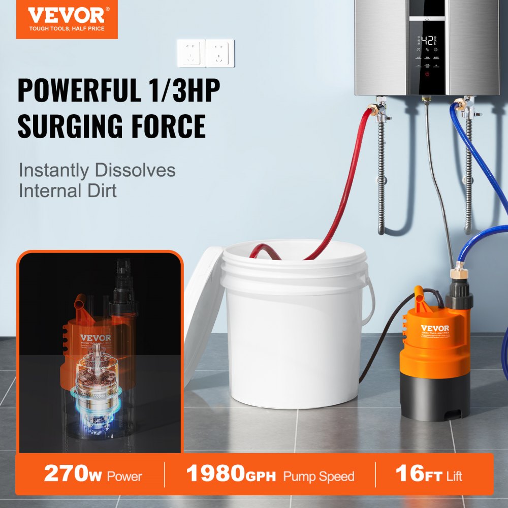 VEVOR Tankless Water Heater Flushing Kit, Includes Efficient Pump & 3.7 Gallon Pail & 2 Hoses, Wrench and Adapter for