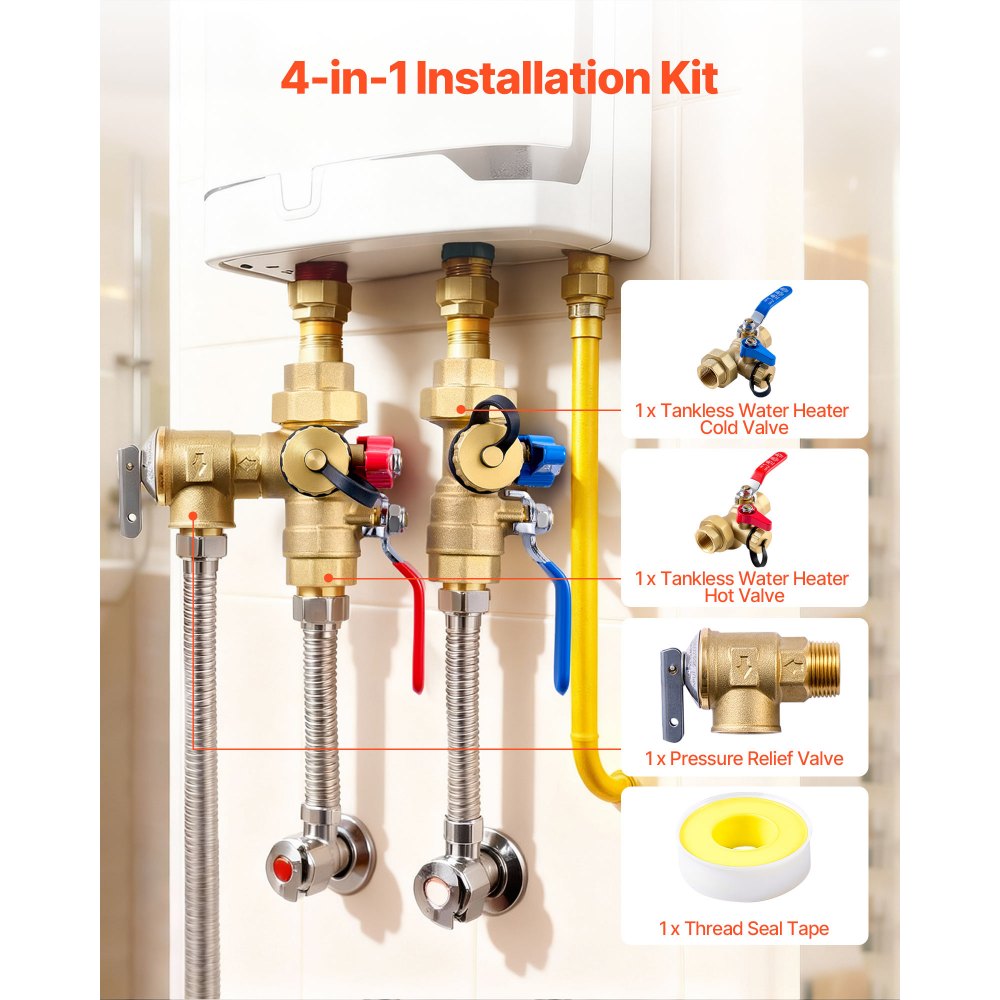 VEVOR Water Heater Kit, 3/4 Inch Tankless Water Heater Service Valve Kit with 2PCS 3/4″ NPT to 3/4″ NPT Isolation