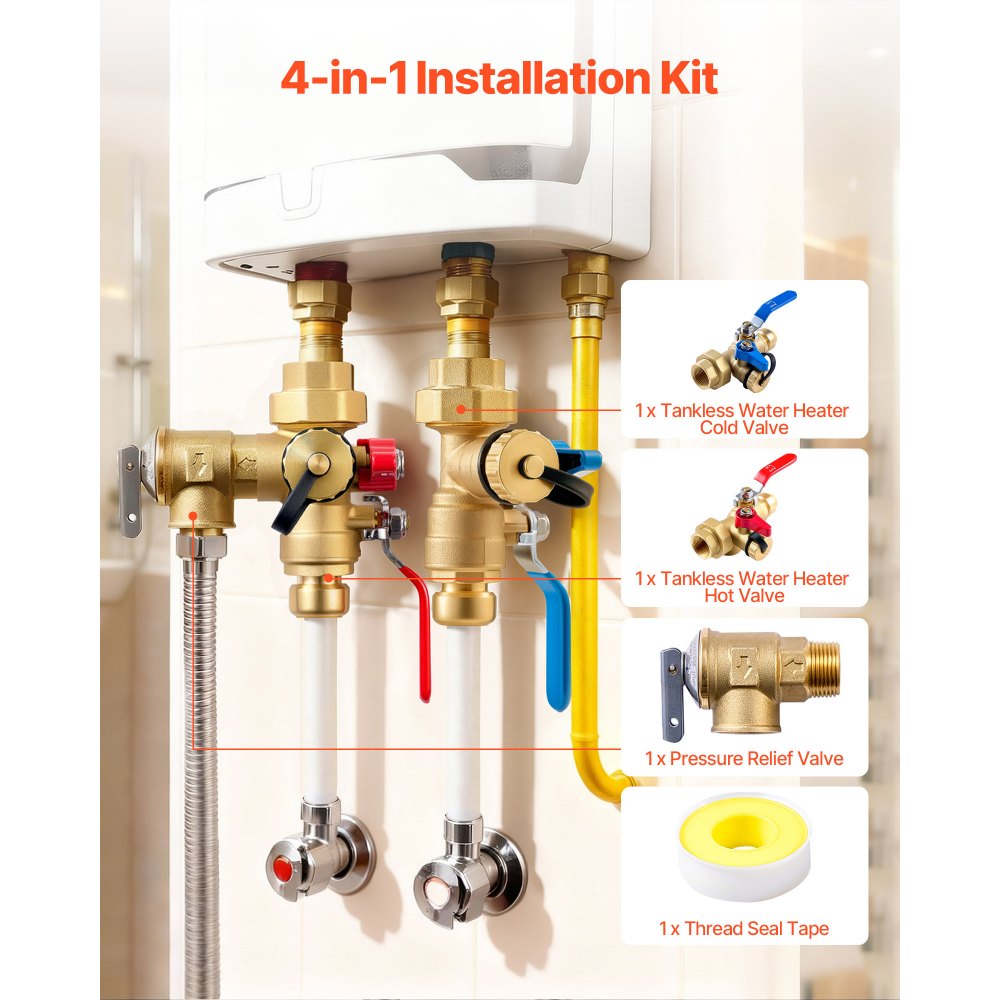 VEVOR Water Heater Kit, 3/4 Inch Tankless Water Heater Service Valve Kit with 2PCS 3/4″ NPT to 3/4″ PTC Isolation