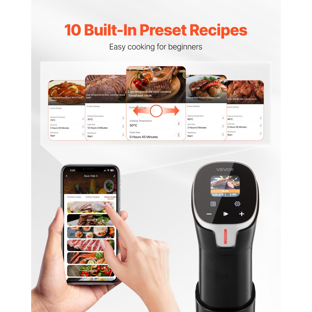 VEVOR Sous Vide Precision Cooker, 1100W Sous-Vide Cooking Machine, WIFI Immersion Circulator with 10 Preset Recipes
