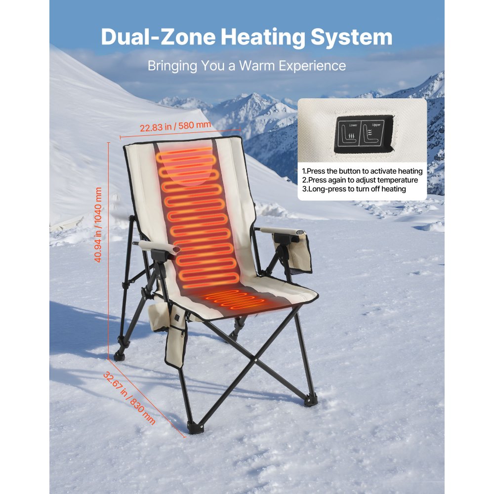 VEVOR Heated Camping Chair, 3 Heat Settings, High Back Folding Camping Chair, Supports 260lbs, Full Padded Beach Chairs