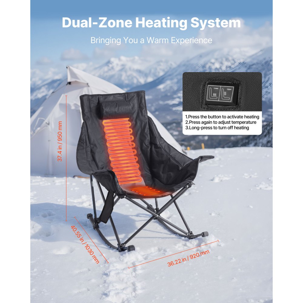 VEVOR Heated Camping Chair, 3 Heating Settings, Large-Sized Padded Folding Rocker, Heavy Duty Outdoor Lawn Chairs with