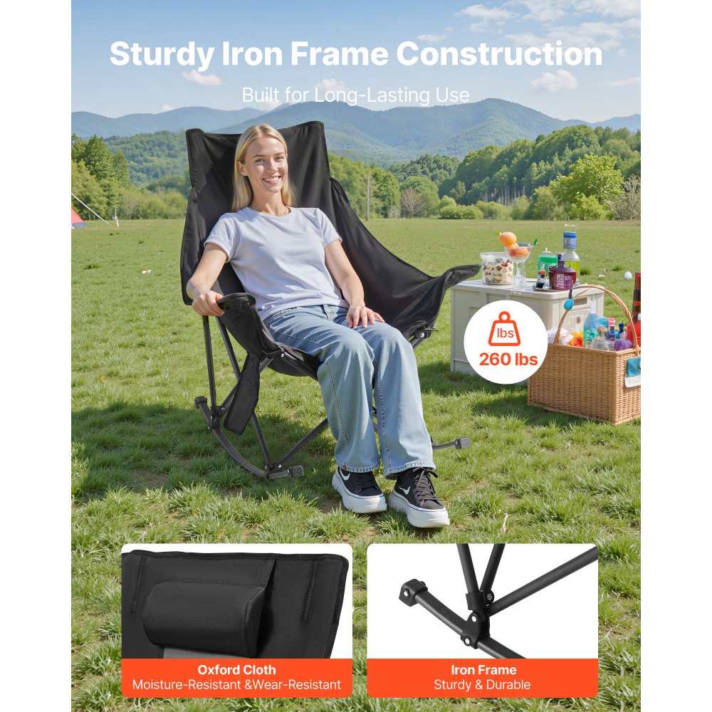 VEVOR Heated Camping Chair, 3 Heating Settings, Large-Sized Padded Folding Rocker, Heavy Duty Outdoor Lawn Chairs with
