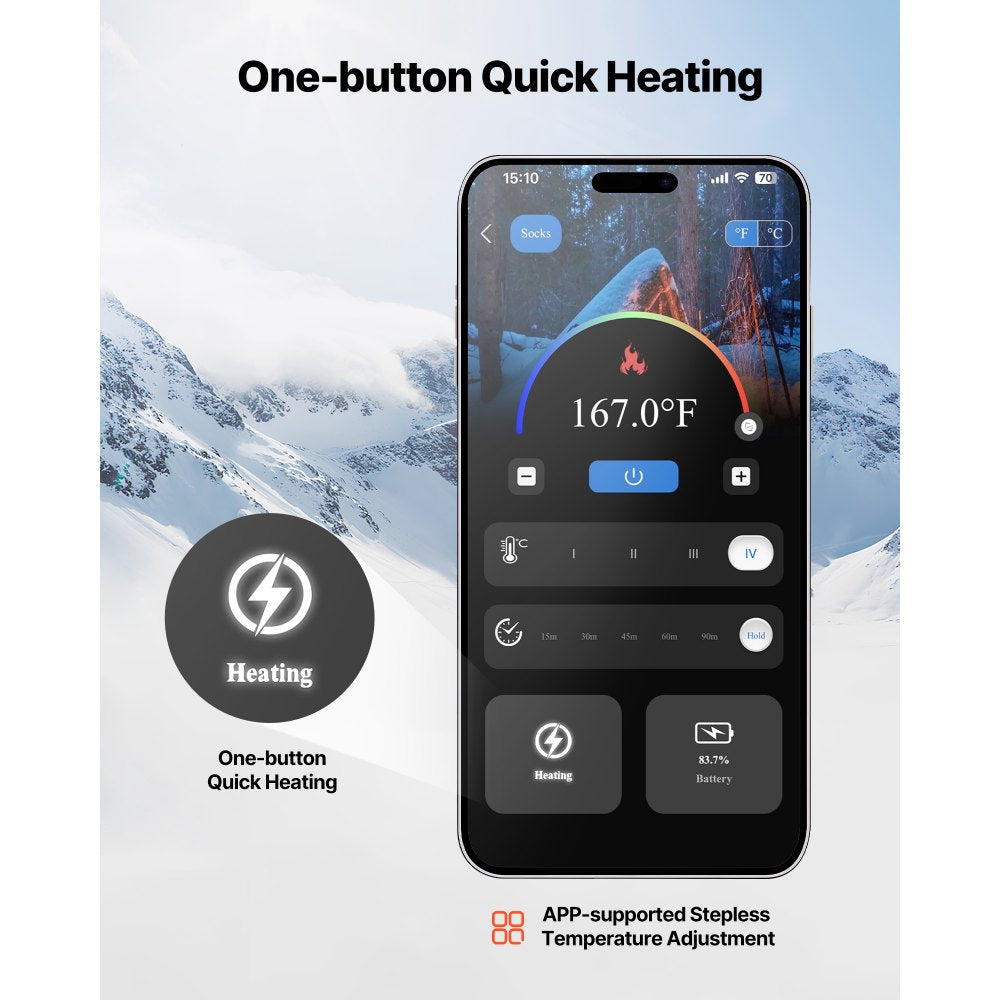 VEVOR Heated Socks, 5000mAh Battery Powered, Rechargeable Heating Socks with 4 Heating Levels, Electric Heated Sock