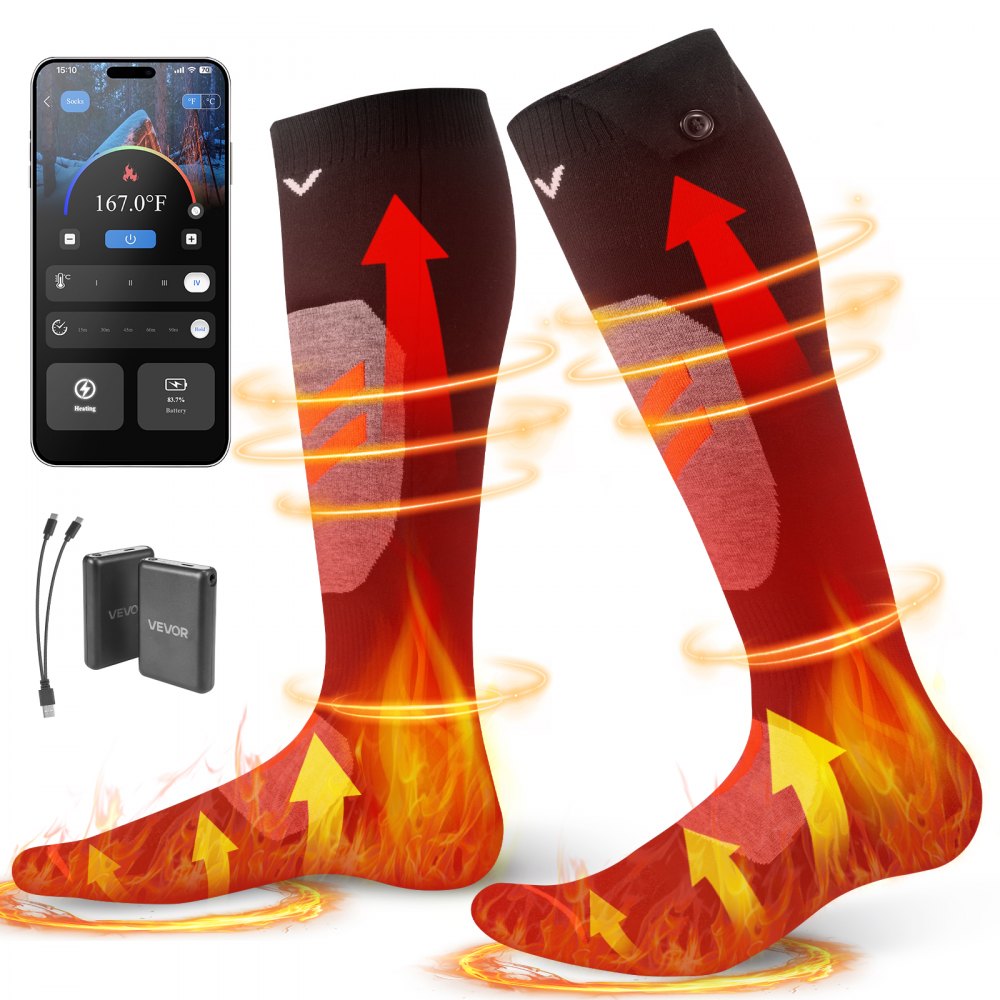 VEVOR Heated Socks, 5000mAh Battery Powered, Rechargeable Heating Socks with 4 Heating Levels, Electric Heated Sock