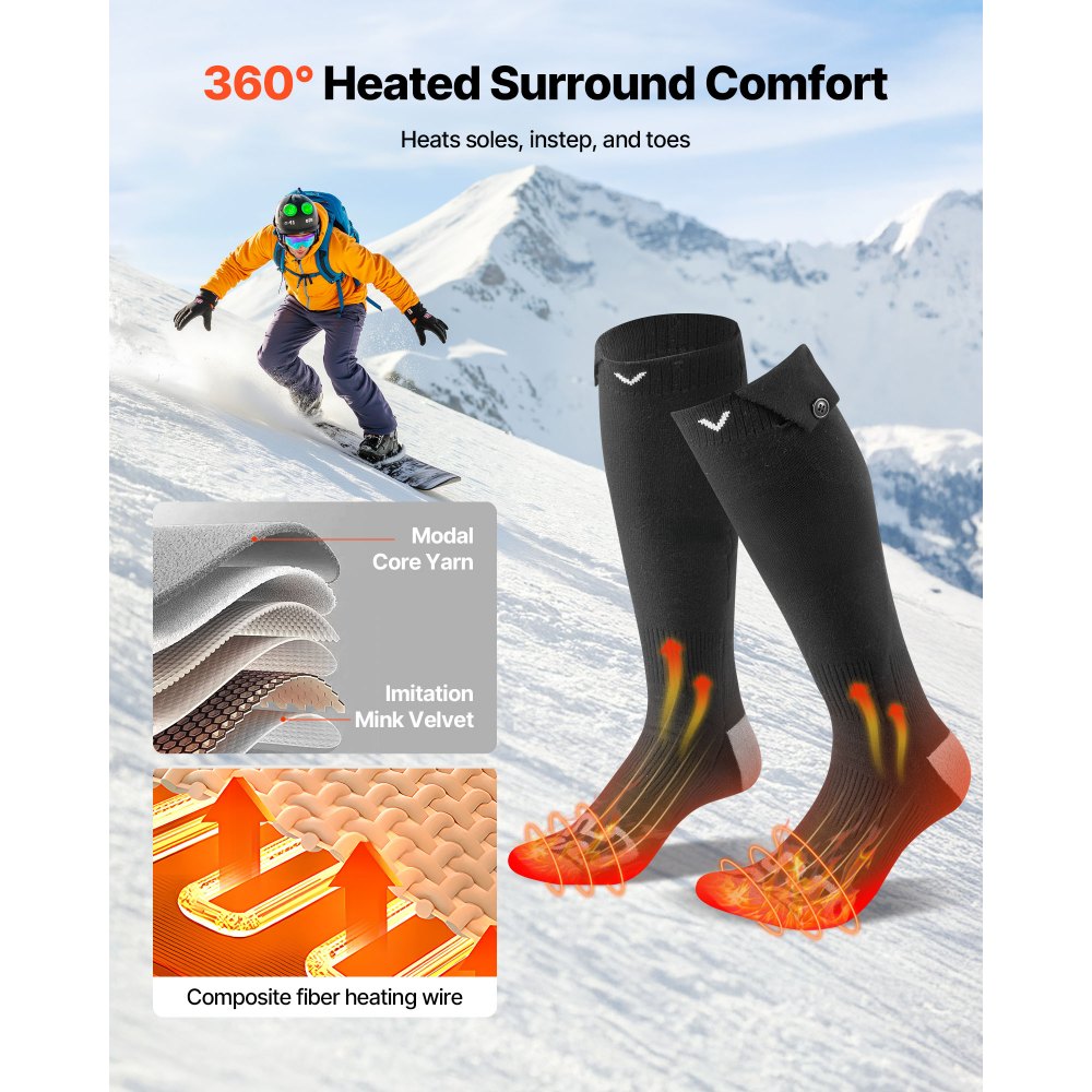 VEVOR Heated Socks, 5000mAh Battery Powered, Rechargeable Heating Socks with 4 Heating Levels, Electric Heated Sock for