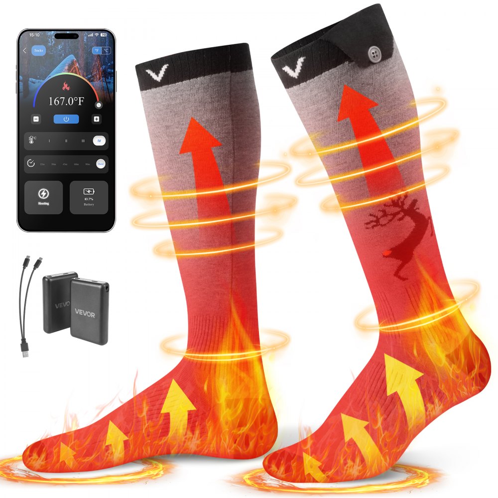 VEVOR Heated Socks, 6000mAh Battery Powered, Rechargeable Heating Socks with 4 Heating Levels, Electric Heated Sock