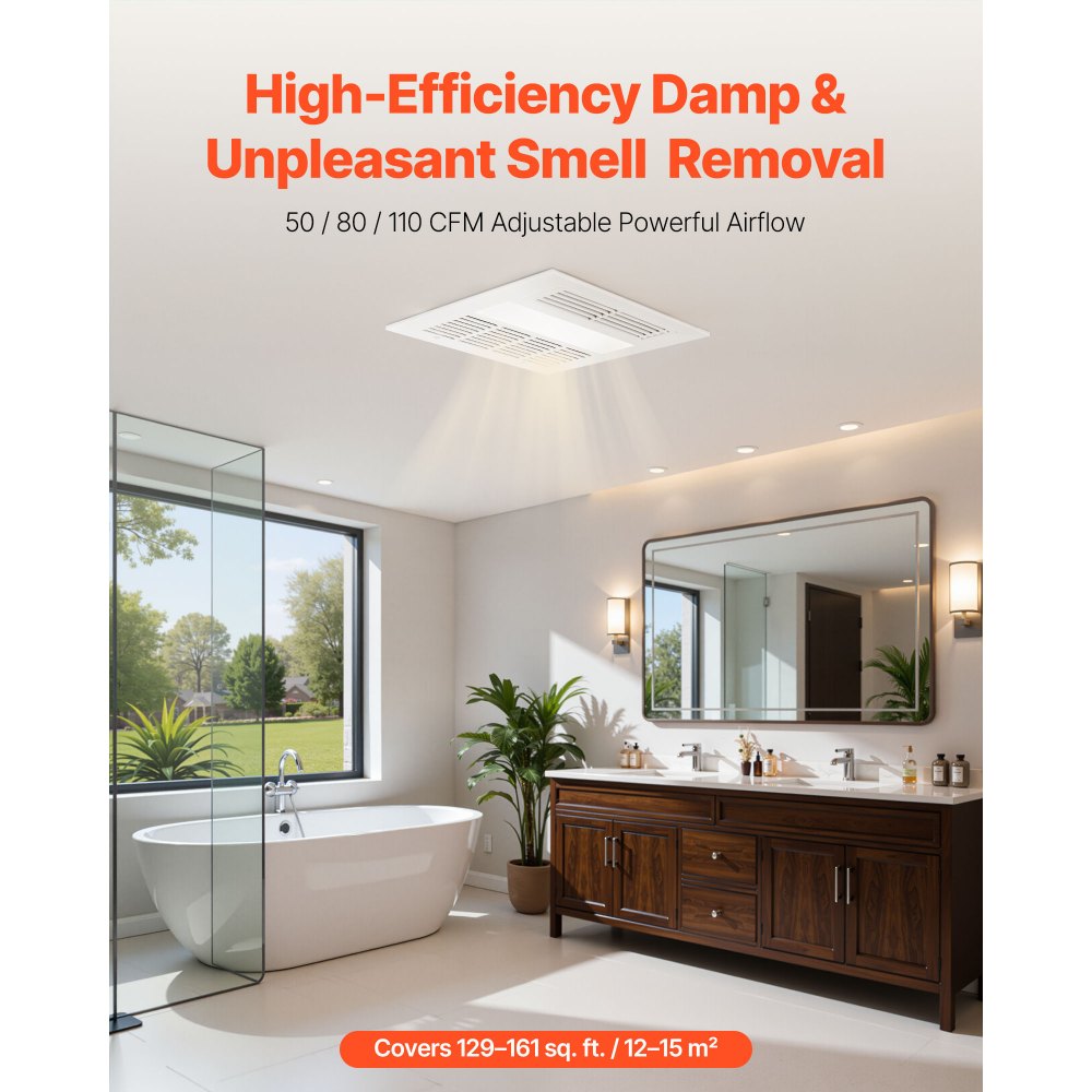 VEVOR Bathroom Exhaust Fan with Light and Heater, 80-90-110 CFM 1500W Bathroom Vent, 1.5 Sones Low-Noise, Premium DC