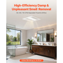 VEVOR Bathroom Exhaust Fan with Light and Heater, 80-90-110 CFM 1500W Bathroom Vent, 1.5 Sones Low-Noise, Premium DC