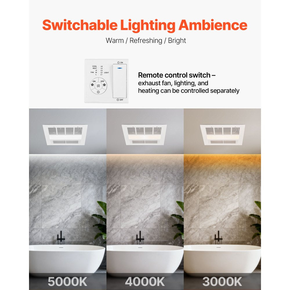 VEVOR Bathroom Exhaust Fan with Light and Heater, 80-90-110 CFM 1500W Bathroom Vent, 1.5 Sones Low-Noise, Premium DC