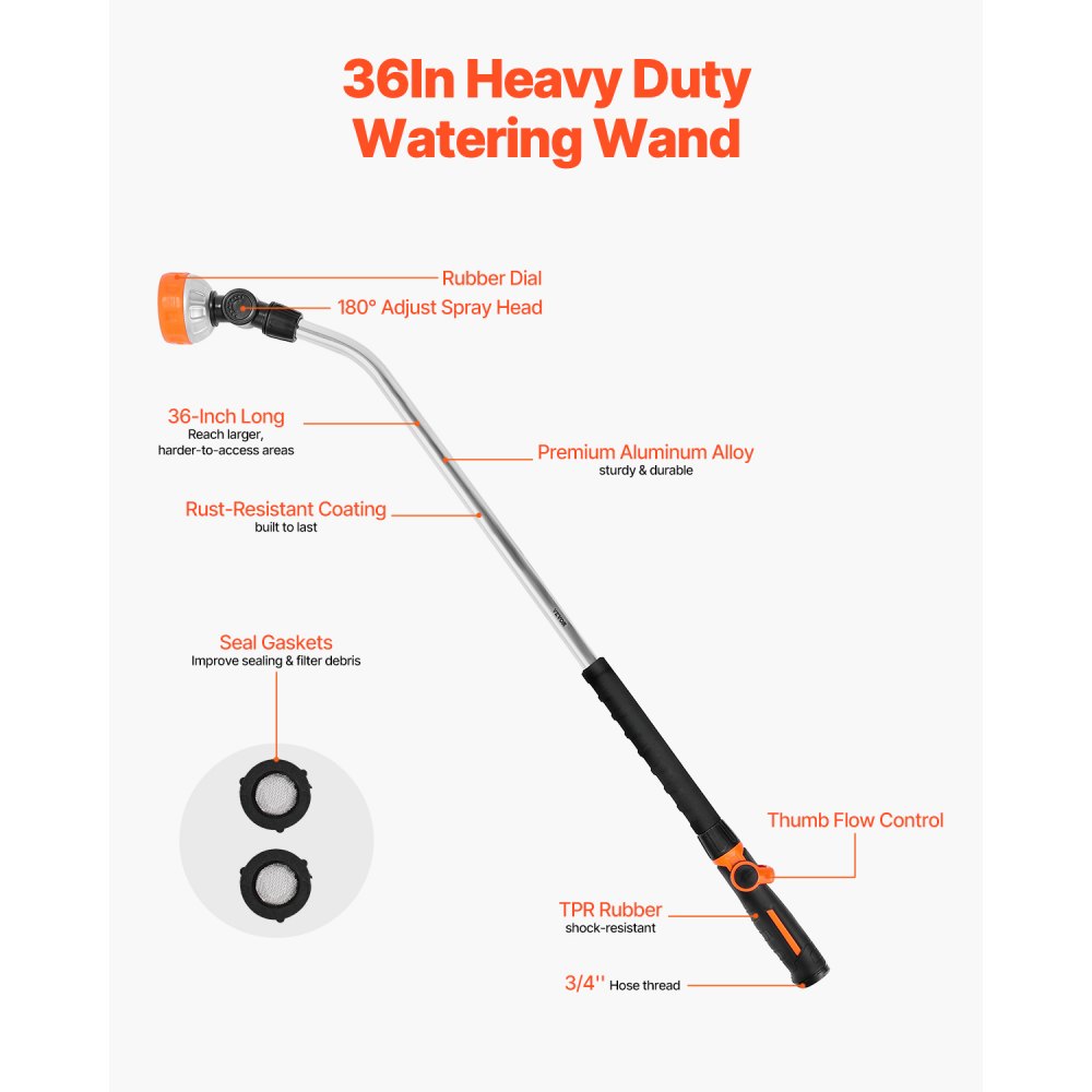 VEVOR Watering Wand, 36-Inch Extra Long Heavy Duty Garden Hose Wand with 8 Spray Patterns & 180° Swivel Head, Long Hose