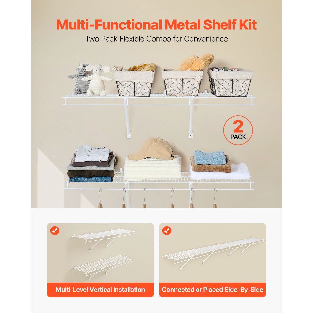 VEVOR Wire Shelf Kit, 4 ft, Set of 2, Wall Mounted Wire Shelves, Heavy-Duty Carbon Steel Hanging Shelf, Floating Wall