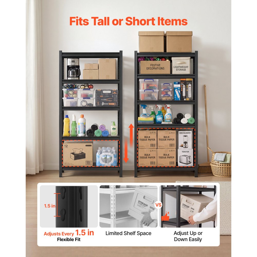 VEVOR Storage Shelves 5-Tier Adjustable Garage Shelving 2000 lbs Capacity, for Kitchen Pantry Basement Bathroom, 31.5"