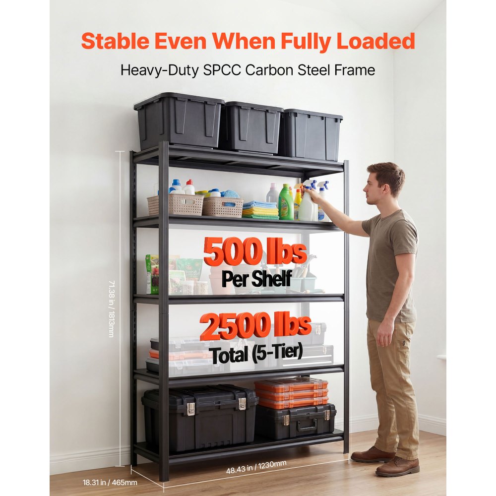 VEVOR Storage Shelves, 5-Tier Adjustable, 2500 lbs Capacity, Heavy Duty Garage Storage Shelving Unit, Metal Utility