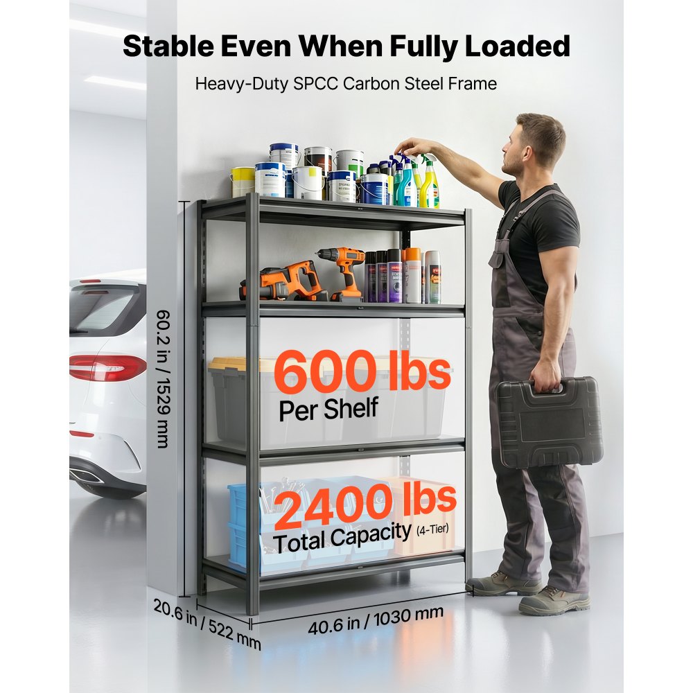 VEVOR Storage Shelves, 4-Tier Adjustable, 2400 lbs Capacity, Heavy Duty Garage Storage Shelving Unit, Metal Utility