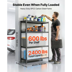 VEVOR Storage Shelves, 4-Tier Adjustable, 2400 lbs Capacity, Heavy Duty Garage Storage Shelving Unit, Metal Utility