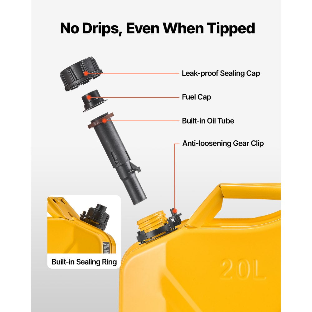 Newly Upgraded Oil-Tight VEVOR Metal Fuel Container, 5.3 Gallon, Fuel Jerry Can with Spout and Comfort Handle, 6 L/min