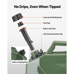 Newly Upgraded Oil-Tight！VEVOR Metal Fuel Container, 5.3 Gallon, Fuel Jerry Can with Spout and Comfort Handle, 6 L/min