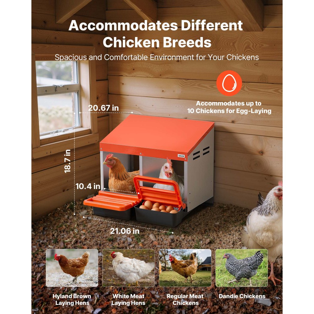 VEVOR Chicken Nesting Boxes, 2 Compartments, Easy Egg Collection, Wall Mount, Easy to Assemble, Galvanized Steel and