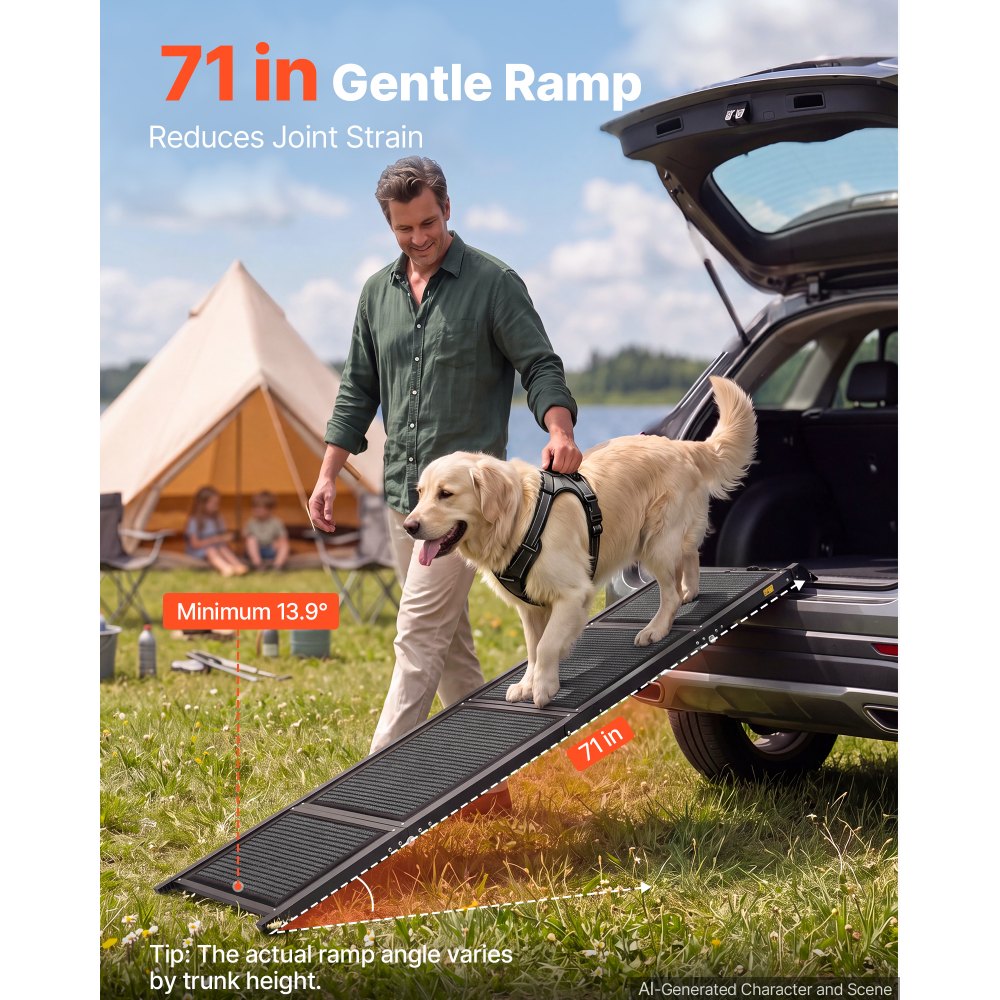 VEVOR Dog Ramp for Car 71" L x 17" W Foldable Pet Ramp with Felt Surface, for SUV Car Truck Outdoor, 250 lbs Capacity