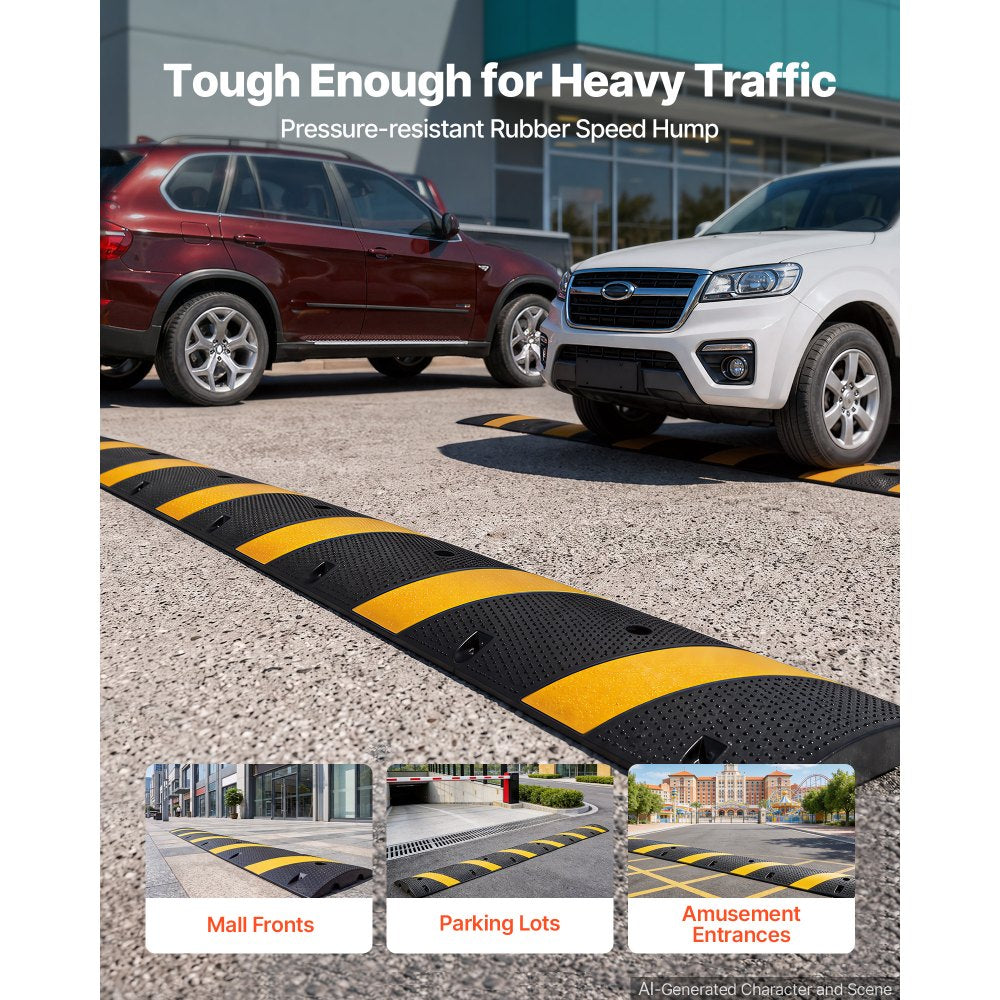 VEVOR 6FT Rubber Speed Bump, 2 Pack, 2 Channel Heavy Duty Traffic Speed Hump, 22000 lbs/Axle Load Capacity, 72 in Cable