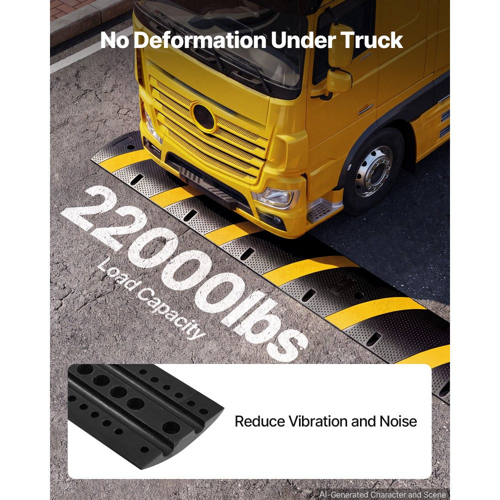 VEVOR 6FT Rubber Speed Bump, 2 Pack, 2 Channel Heavy Duty Traffic Speed Hump, 22000 lbs/Axle Load Capacity, 72 in Cable