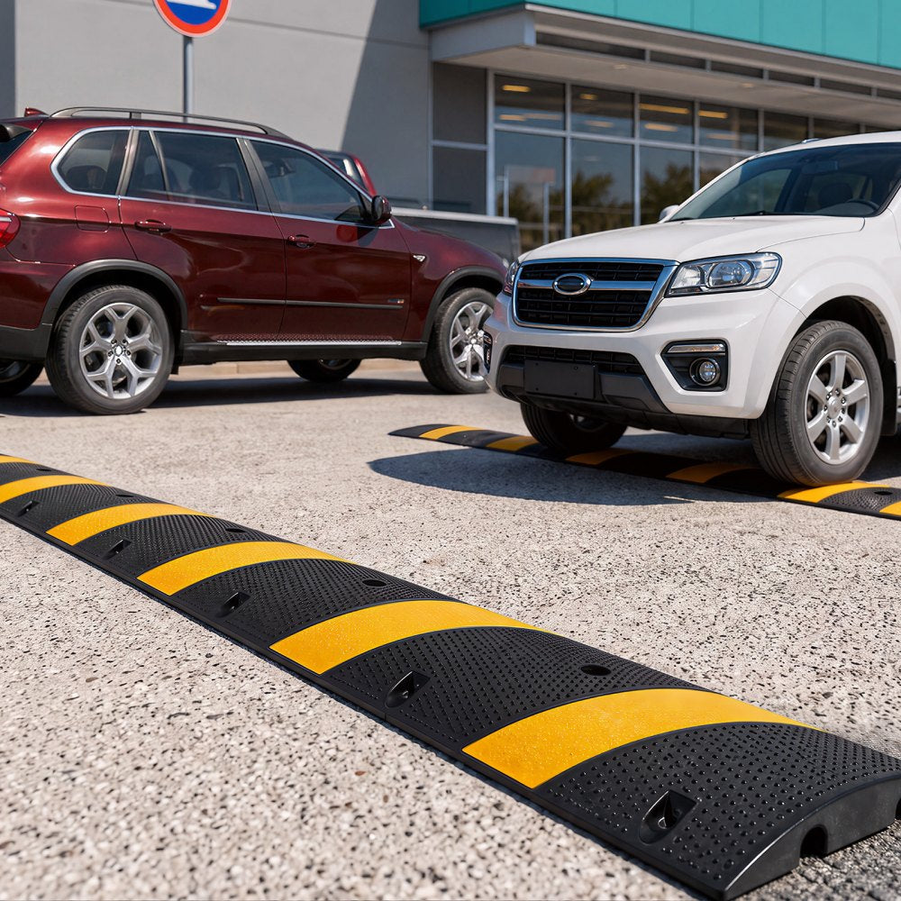 VEVOR 6FT Rubber Speed Bump, 2 Pack, 2 Channel Heavy Duty Traffic Speed Hump, 22000 lbs/Axle Load Capacity, 72 in Cable