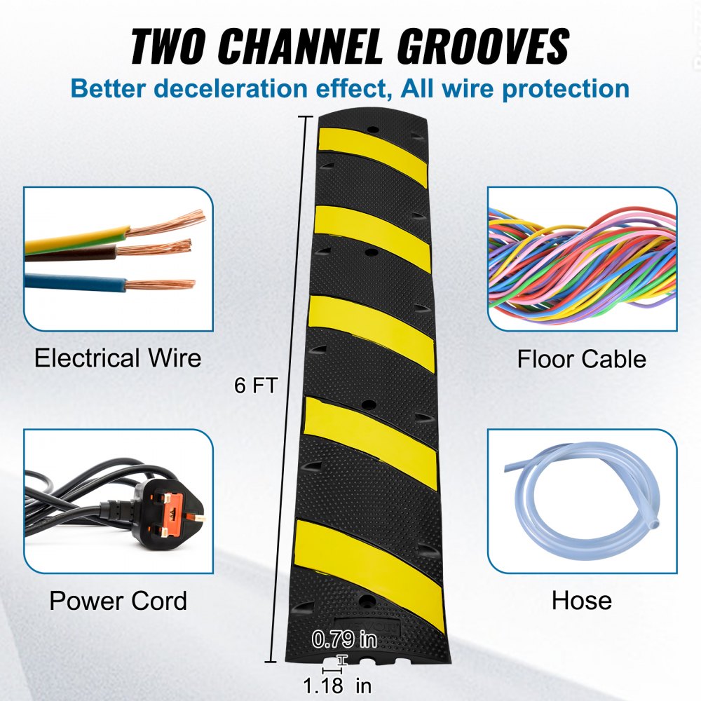 VEVOR 2PCs 6 ft/72'' Rubber Speed Hump, 2 Channel, 22000 lbs Capacity Heavy Duty Traffic Speed Bump, with High